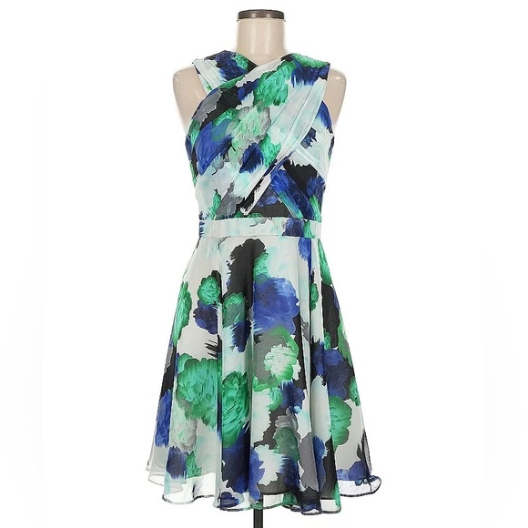 SHOSHANNA blue green watercolor floral cross front sleeveless dress 10 like new - Picture 1 of 6